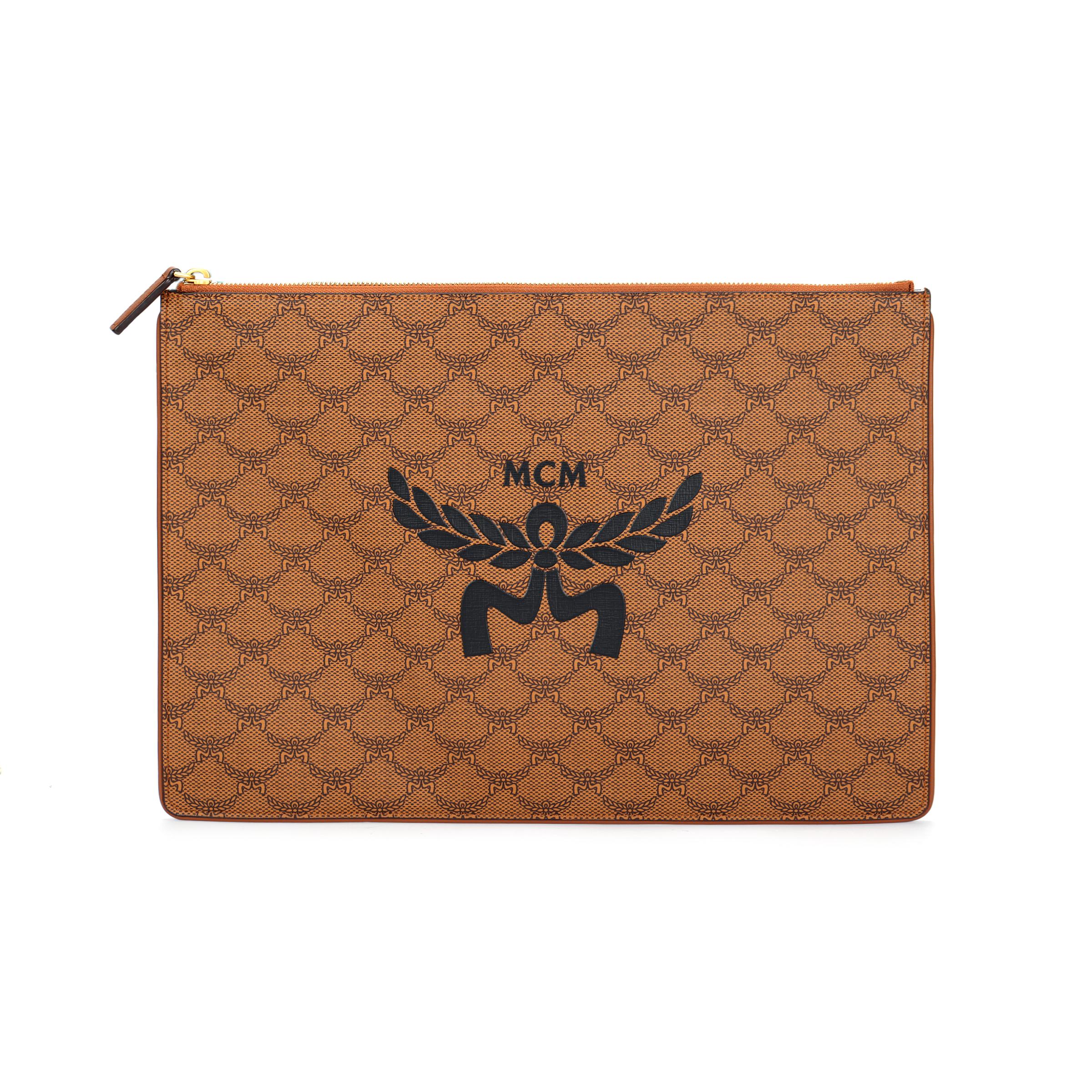 MCM Himmel Lauretos Goldfarbene Messingbeschläge Leinwand und Leder Clutch Tasche Extra Groß Herren Clutch Tasche Cognac MXZESAC04CO001 Basic Set (Bag+Dust Bag) brown