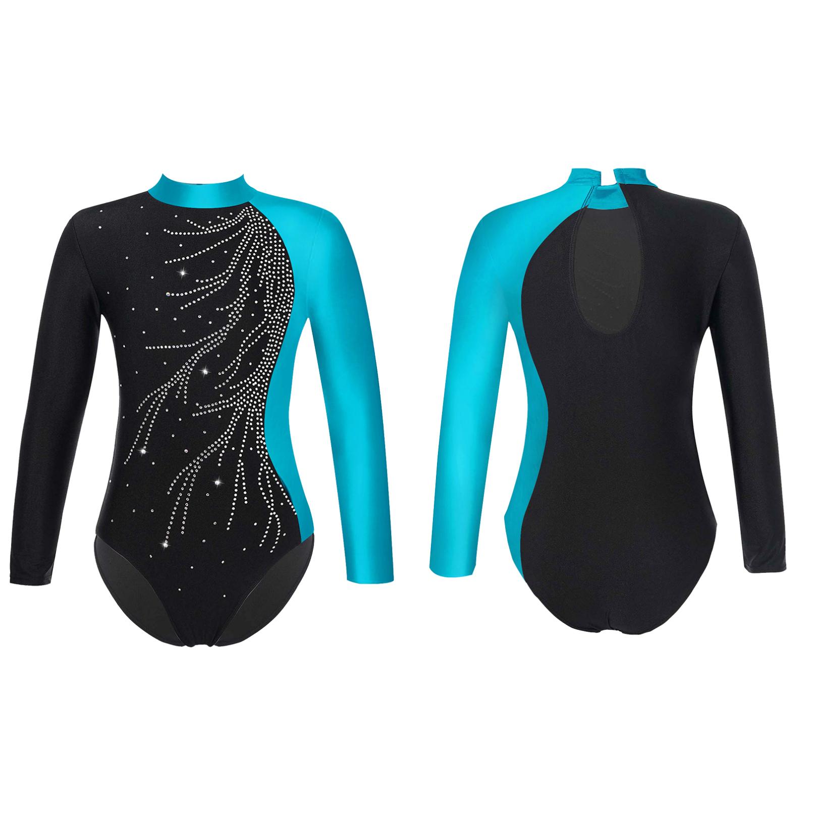 Langarm-Gymnastik-Trikot für Mädchen, glitzerndes Ballett-Tanz-Trikot, Tanzbekleidung, Kinder-Skating-Kostüm 11-12 Years see-blaue