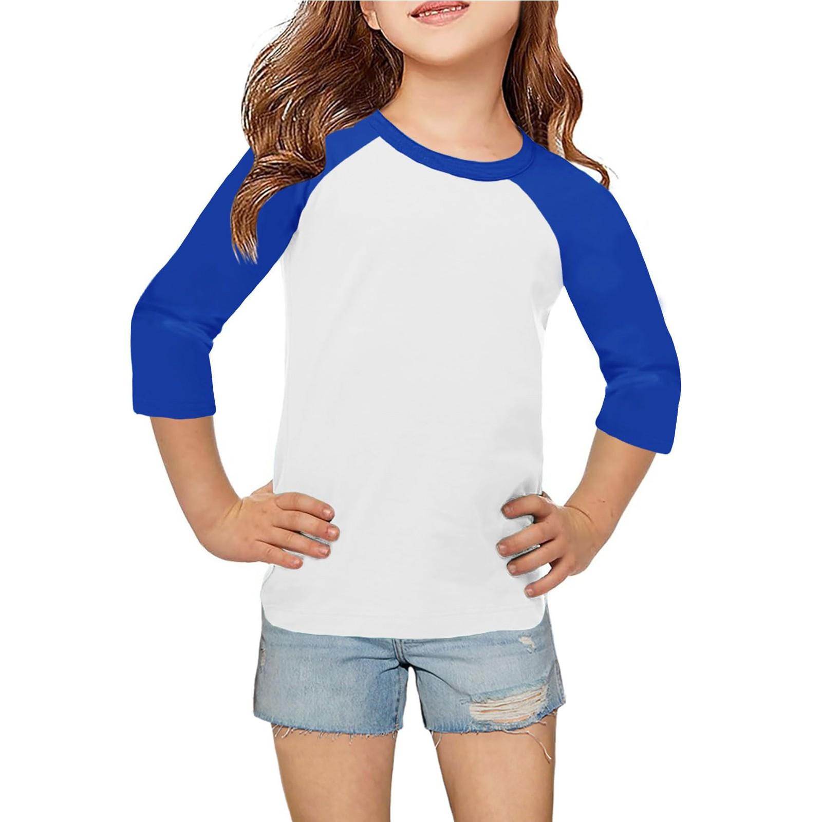 Oberteile für junge Mädchen von 4–16 Jahren, Rundhalsausschnitt, 3/4-Ärmel, T-Shirts, trendige Oberteile, Outfit-T-Shirts 140 blau