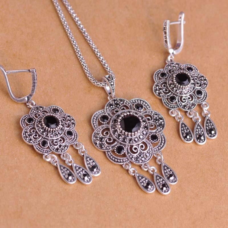 Türkische Vintage-Schmuck-Sets, Halskette-Ohrringe-Sets, Damenmode-Schmuckset 50 cm schwarz