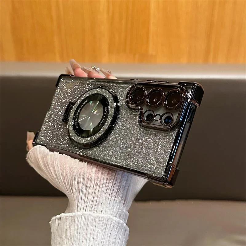 Luxuriöse Magsafe Holde Glitzerhülle für Samsung Galaxy A24 A55 5G A53 A54 S25 24 Ultra S23 FE S22 Plus S21 S20 Stoßfeste, klare Abdeckung Samsung S23 schwarz