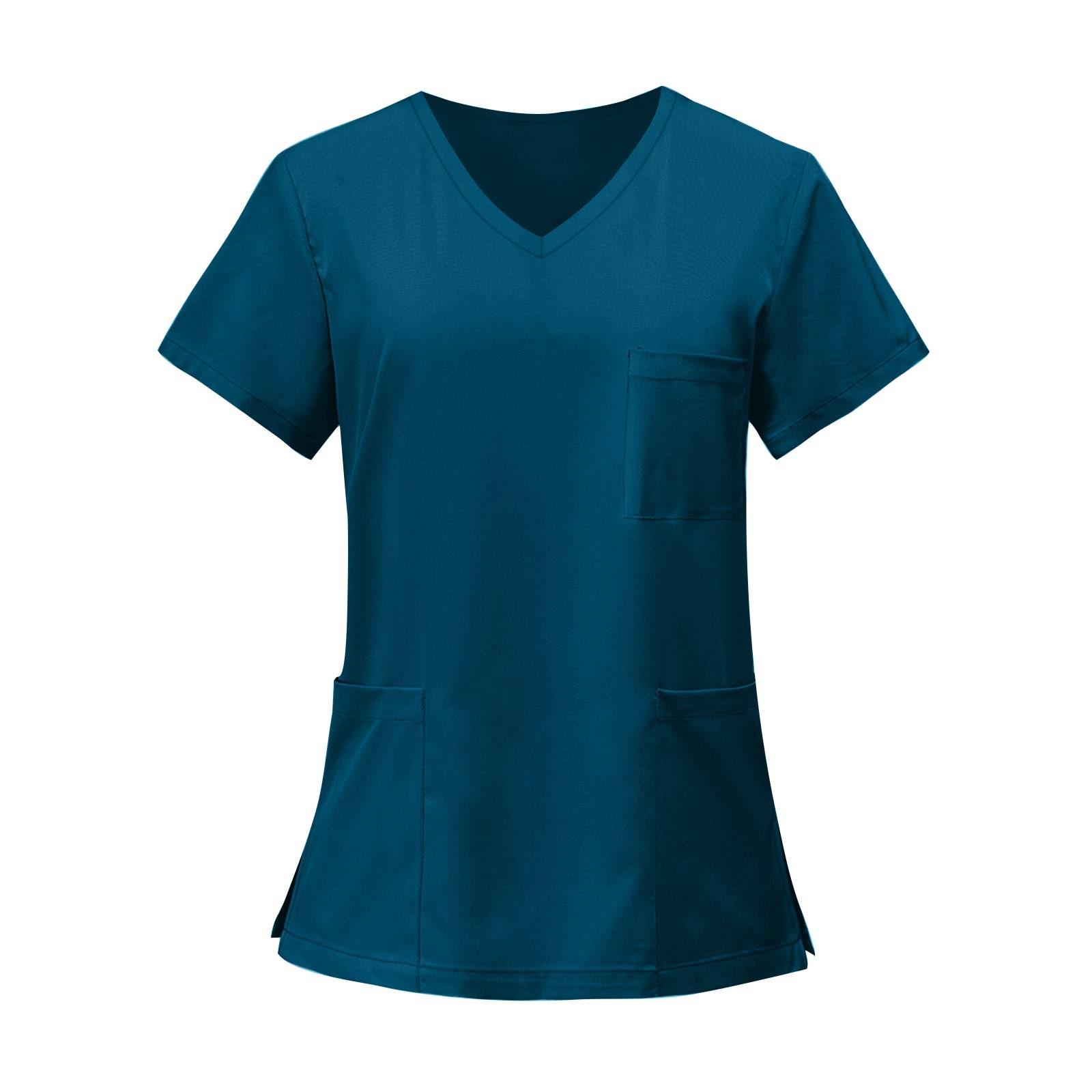 Damen V-Ausschnitt Kasack Kurzarm Einfarbig Uniformhemd Mit Mehreren Taschen Für Medizinische Zahnärztliche Klinik Arbeitskleidung XXXXL