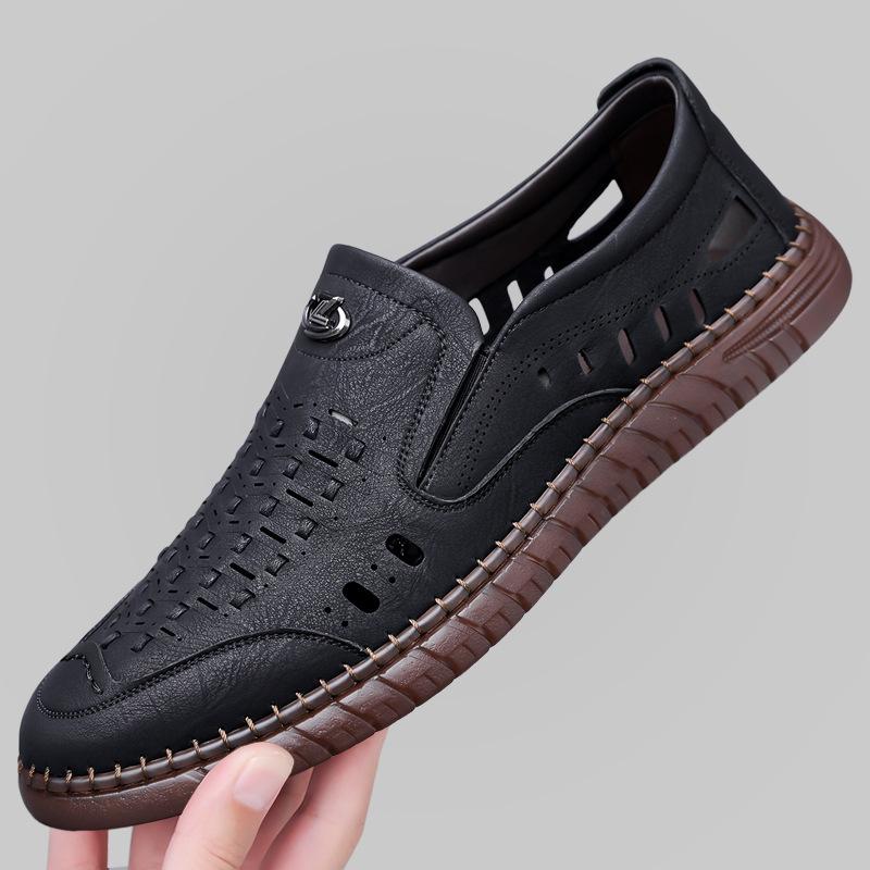 Sandalen Herren Atmungsaktive Casual Gewebte Ledersandalen Hohllochschuhe Herren Große Herrenschuhe 47 schwarz