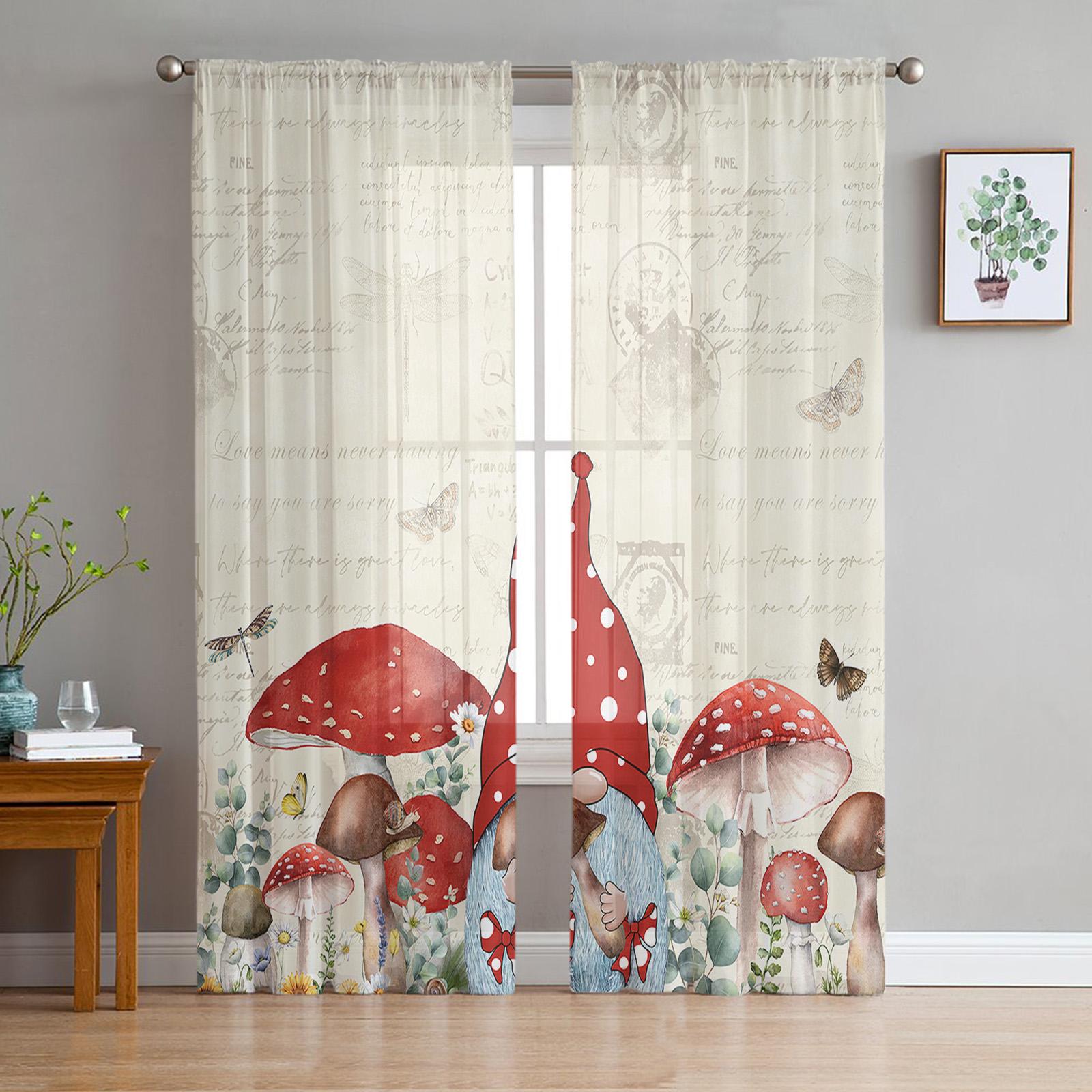 Pilz Zwerg Blume Pflanze Transparente Vorhänge für Wohnzimmer Dekoration Fenster Vorhänge für Küche Tüll Voile Organza Vorhänge W135 x H115cm x1 white