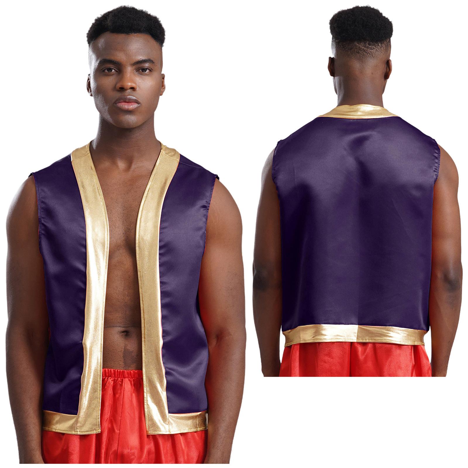 Herren Halloween Krötenweste Kostüme Offene Vorderseite Metallic Glänzende Besätze Kontrast Weste Cartoon Kapitän Cosplay für Party M violett