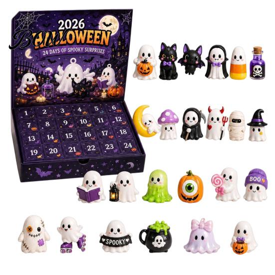 Sammler Halloween Figuren Adventskalender 2026, 24 Tage Countdown mit für Sammler Mini Figuren, Gruselige Puppenfiguren Kinder, Partygeschenke Sicher A black