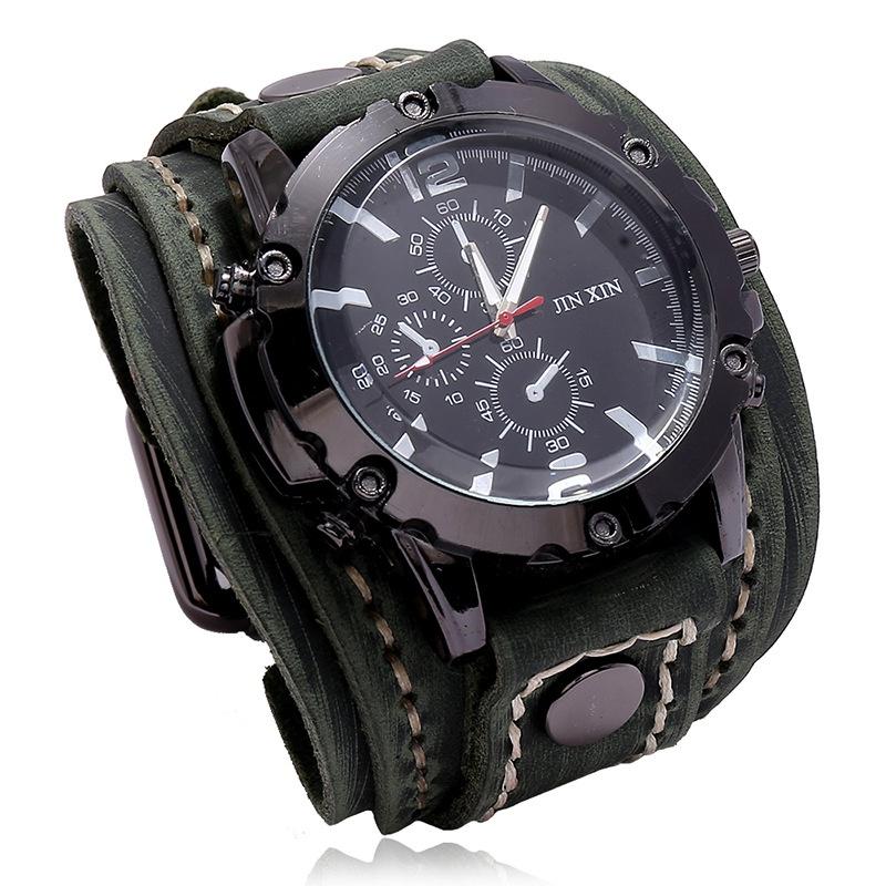 Punk Vintage Lederuhr Handgenähte Lederuhr Steam Age Uhr Herrenuhr Hip Hop Uhr grün
