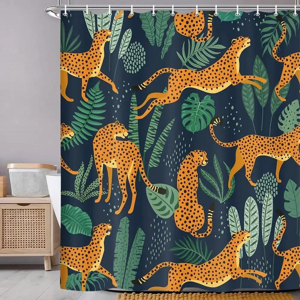 Leopard Stoff Duschvorhang, tropisches Tier Gepard Duschvorhang für Badezimmer, rosa mit Haken 180X180CM 180x180