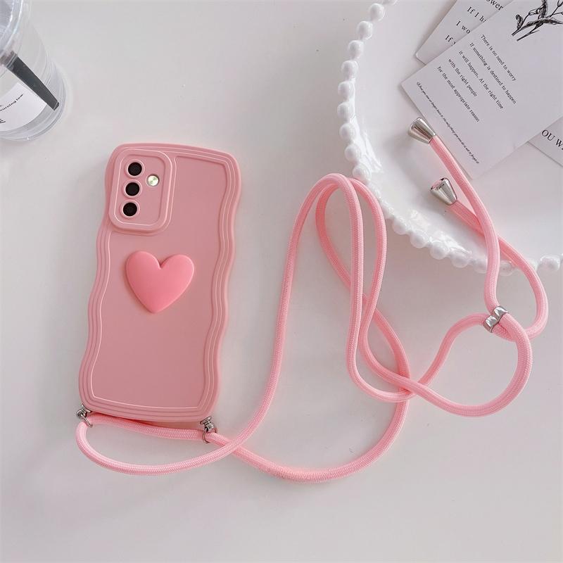 Lockige gewellte Crossbody Lanyard Silikonhülle für Samsung Galaxy S24 S23 S22 S21 Ultra S23 FE A54 A34 A14 A15 A25 A35 A55 A25 A05 3D Love Heart Cover For Samsung S21 rosa