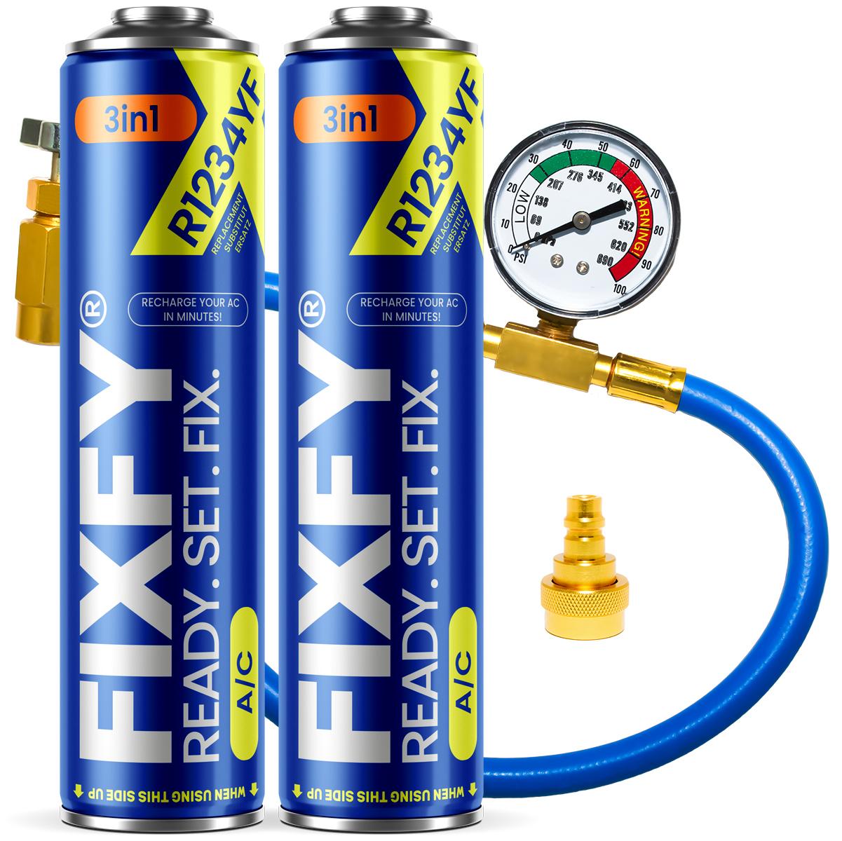 Fixfy 3in1 500ml Klimaanlagen-Nachfüllset - 2x Große Dose + Schlauch + R1234Yf Adapter