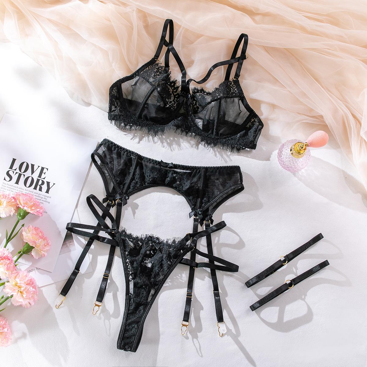 Dessous Sexy Unterwäsche Spaß Spitze Raffung Perspektive Sexy Schlicht Dreiteilige Unterwäsche Frauen XL schwarz