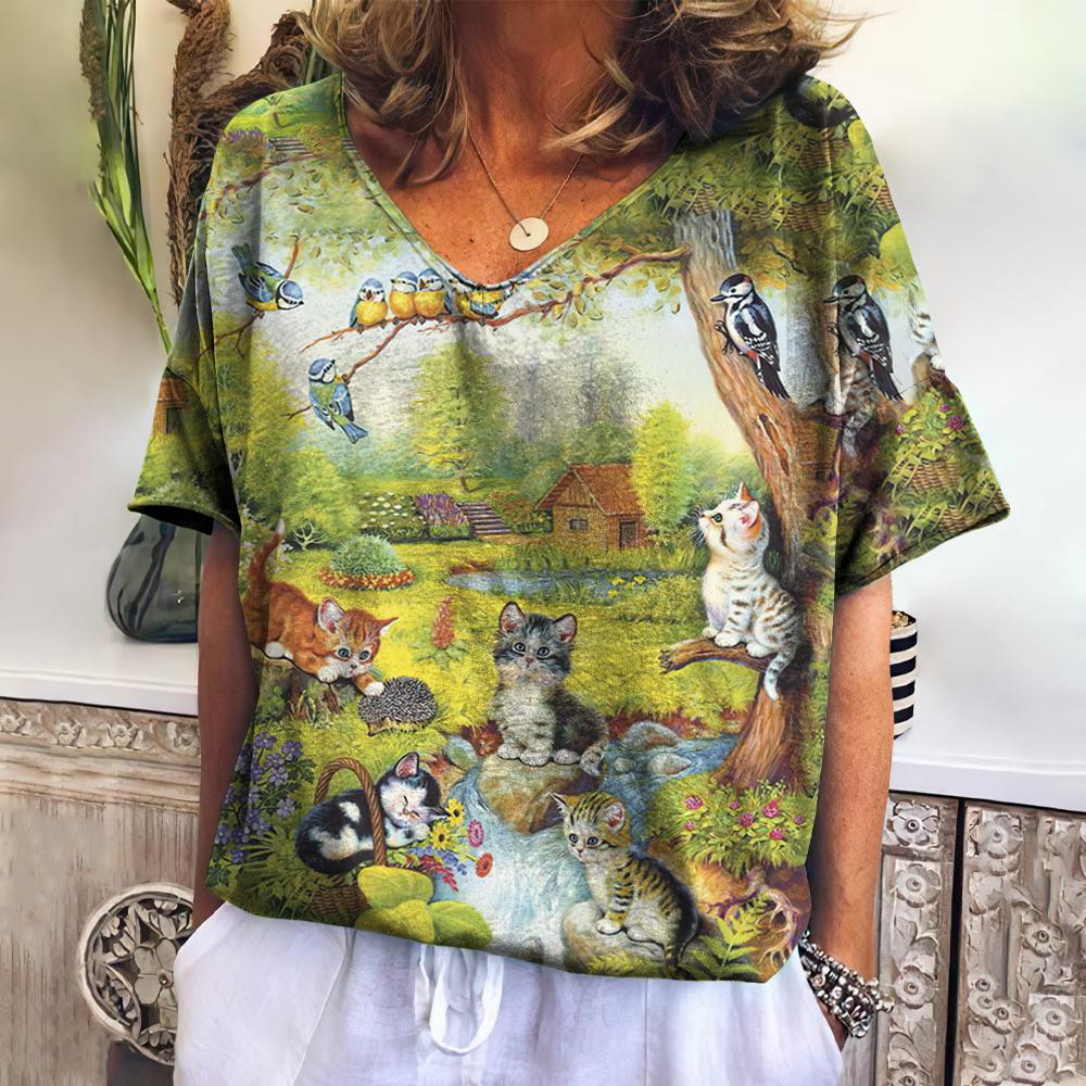 Vintage Damenbekleidung T-Shirts Süße Tiere Damenbekleidung Lässige Kurzarm-T-Shirts Übergröße V-Ausschnitt Pullover Streetwear 4XL