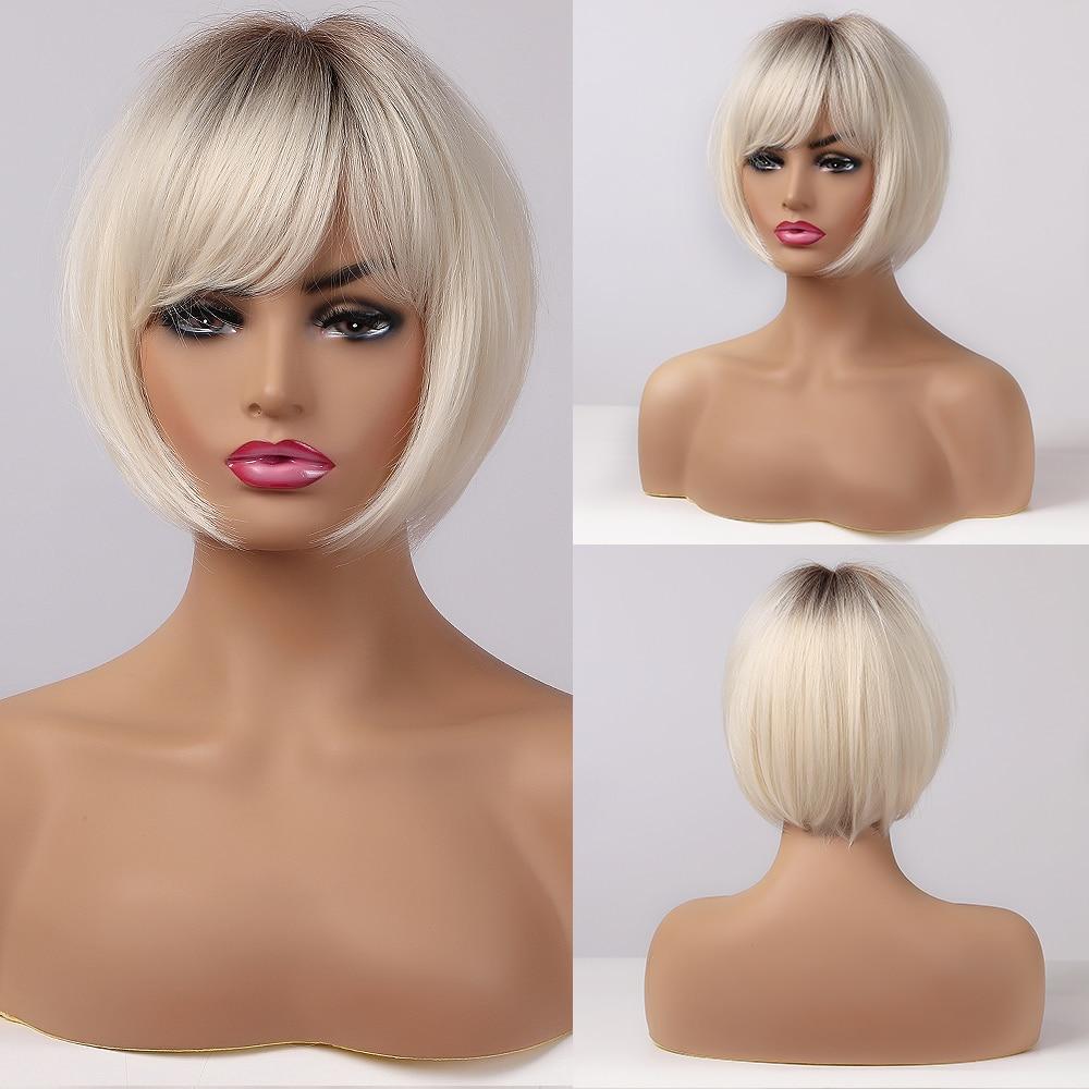 ALAN EATON Kurze gerade Ombre Braun Blonde Bob Perücken mit Pony Kunsthaar Perücke für Frauen Cosplay Lolita Hitzebeständige Faser