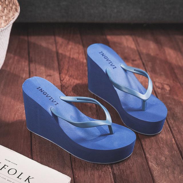 Sommer frauen Schuhe Strand Flip-flops Plattform Sandalen hochhackigen Sandalen Einfarbig Skateboard Hausschuhe Frauen Heels 38 königsblau