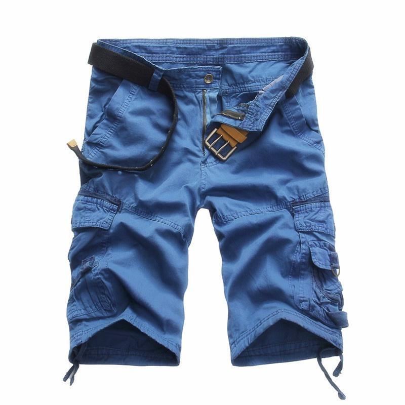 Herren-Cargo-Shorts, lockere Camouflage-Shorts mit mehreren Taschen, einfarbige Shorts, mittelhohe All-Match-Shorts 29 blau