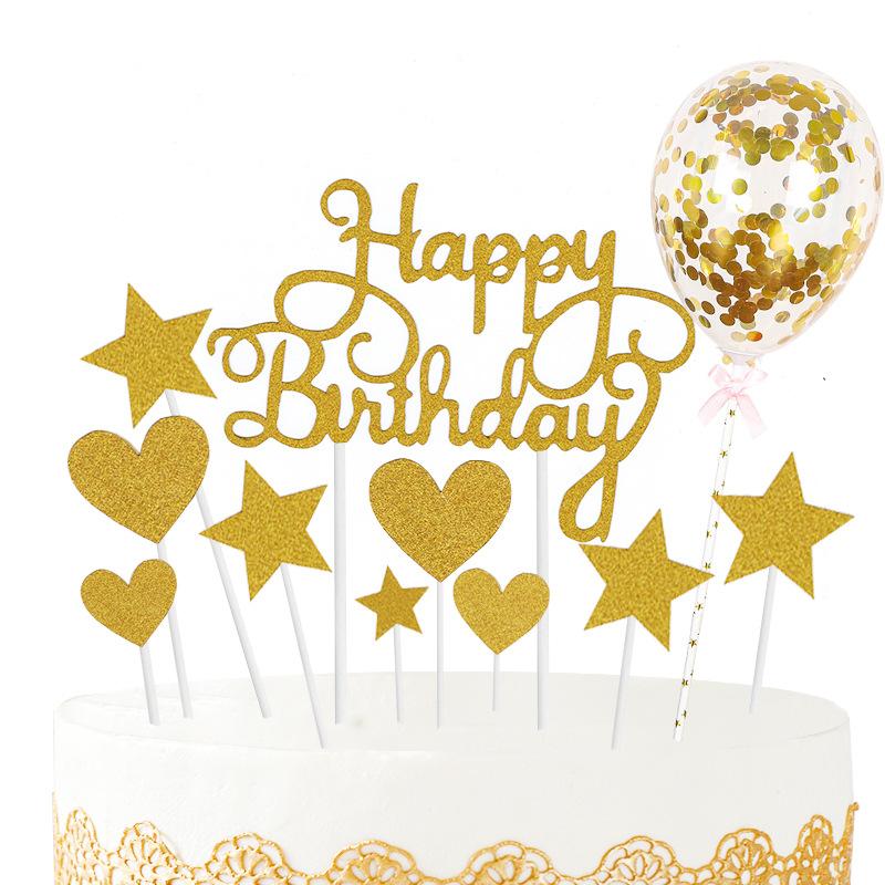 11 teile/satz Glitter Alles Gute Zum Geburtstag Kuchen Dekoration Schöne Kinder Geburtstag Flagge Konfetti Ballon Kuchen Topper Junge Mädchen Baby Dusche hochzeit Dekor Liefert gold