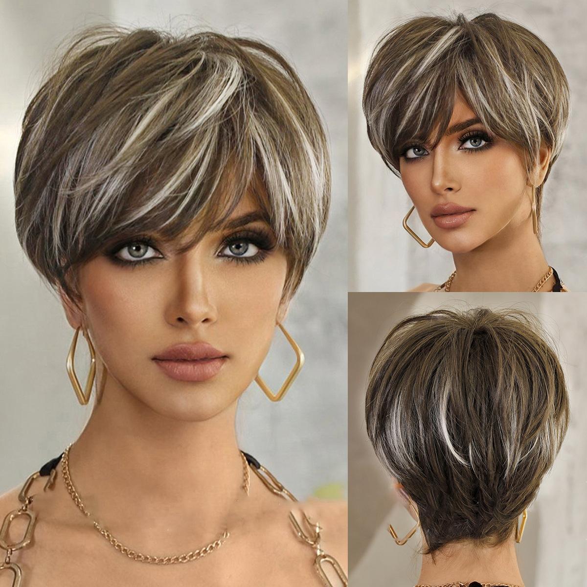 Trendige Perücke im Pixie-Schnitt | Leichtes, kurzes, lockiges Sommerhaar mit strukturierten Schichten, atmungsaktive Kappe ohne Kleber – mehrere Stile für schützende Frisuren gold/weiß
