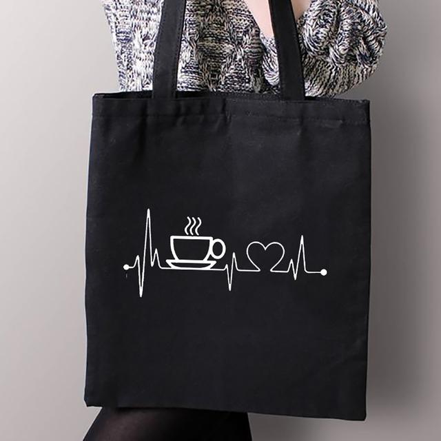 Erste Kaffee Druck Leinwand Einkaufen Schwarz Taschen Mom Leben Frauen Baumwolle Schnalle Tragetaschen Weibliche Shopper Lehrer Student Buch taschen 34*42cm