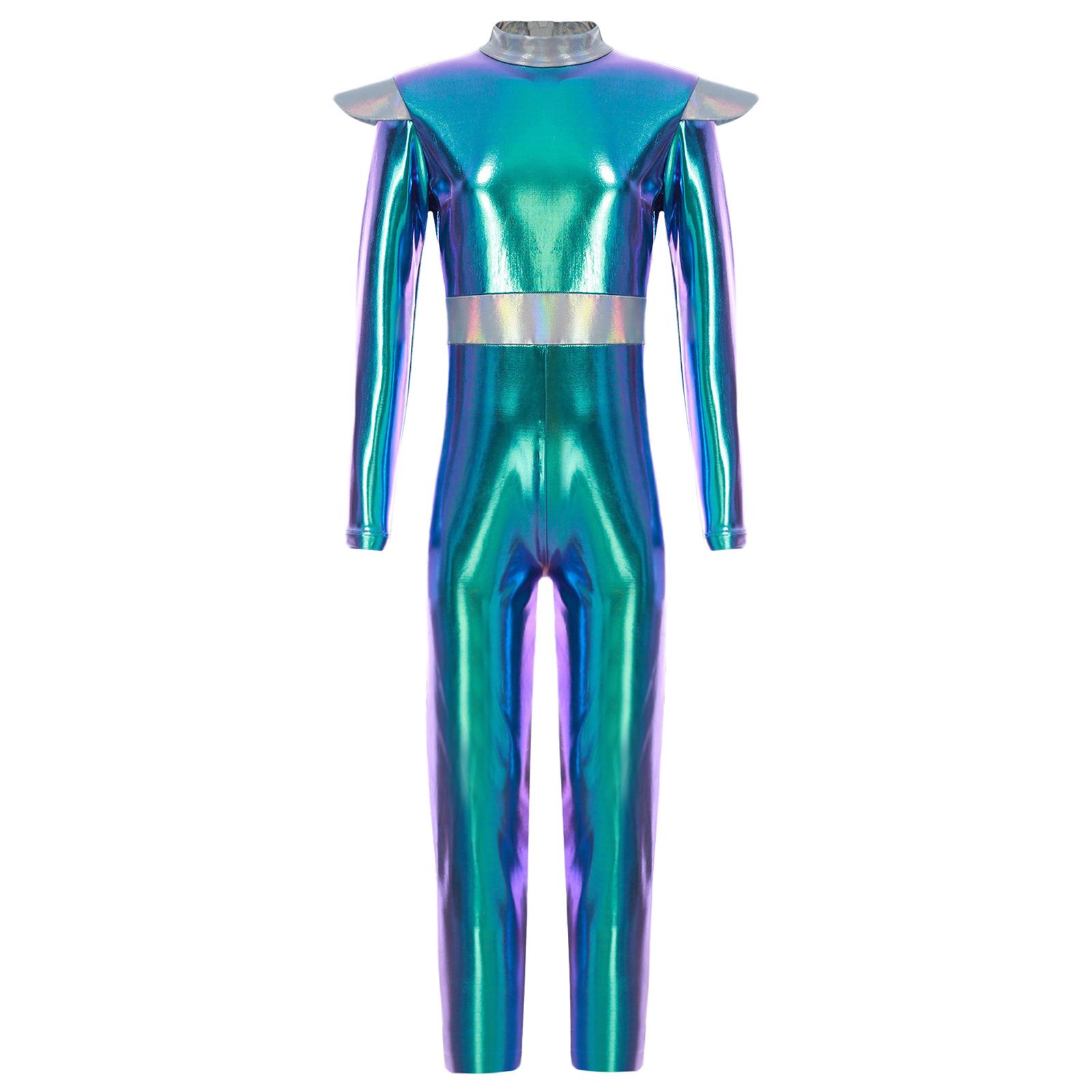 Kinder Alien Cosplay Kostüm Langarm Glänzender Metallic Bodysuit Alien Rollenspiel Jumpsuit Halloween Party Verkleidung 11-12 Years