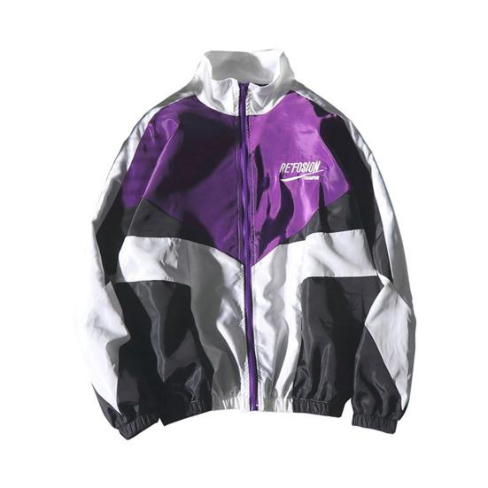 Frühling Herbst Dünne Herren Hip-Hop Stil Reißverschluss Farbblock Jacke Windjacke Streetwear Revers Buchstaben Jacke XL violett