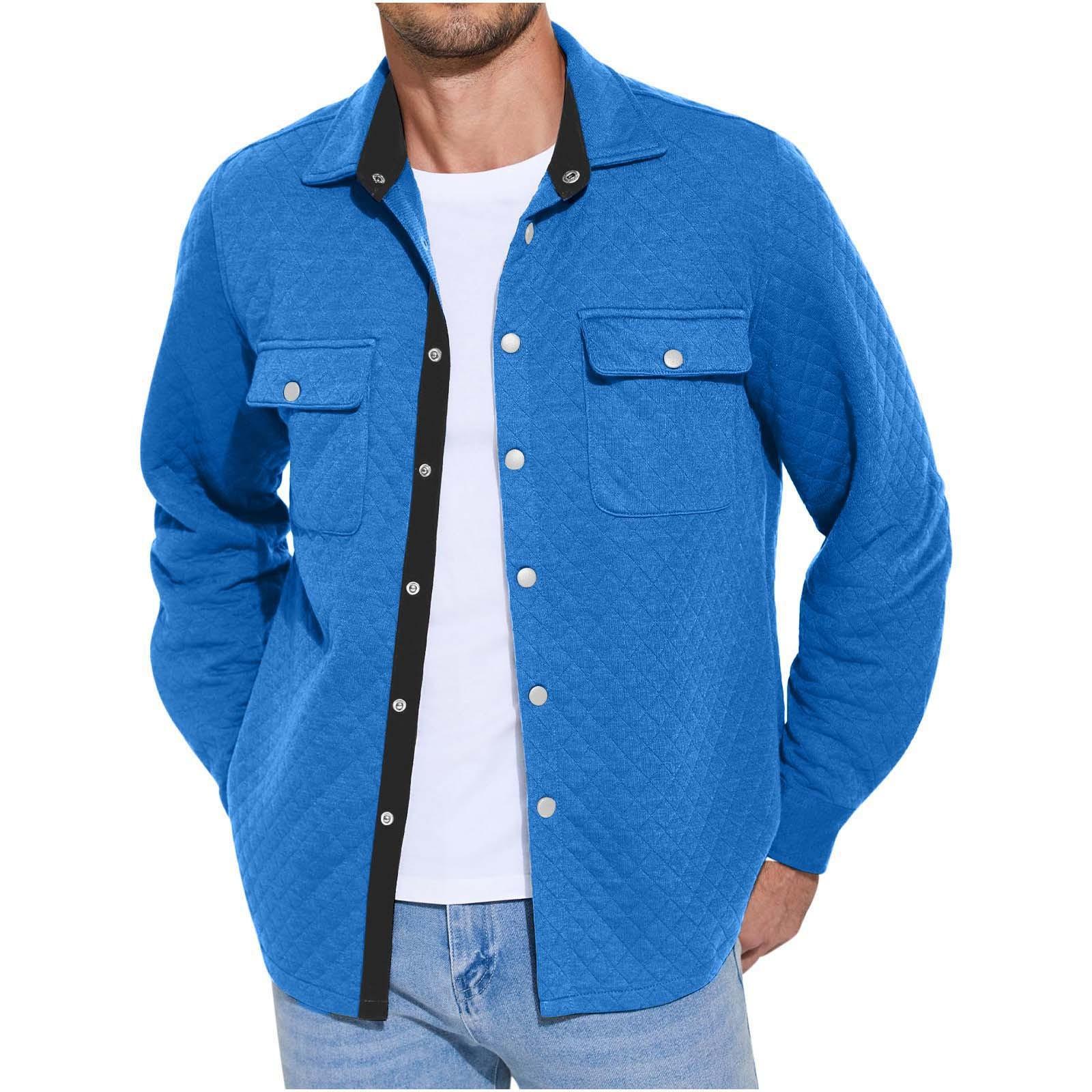 Herren Casual Shirt Jacke Leichte Shacket Jacke Gesteppte Button-Down-Jacken M blau