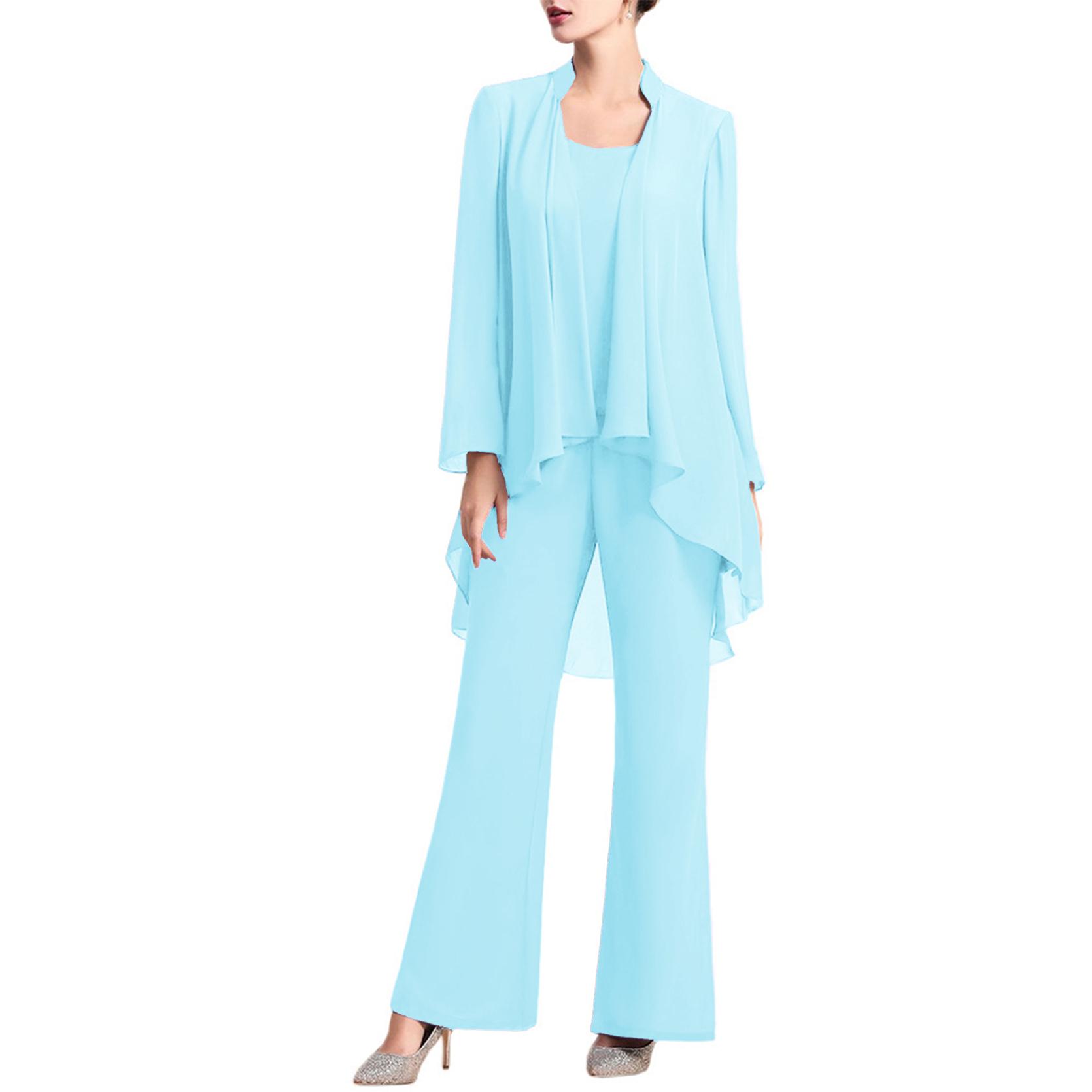 3-teiliger Chiffon-Hosenanzug für die Brautmutter für Hochzeitsgäste, formelles Abendkleid S himmelblaue