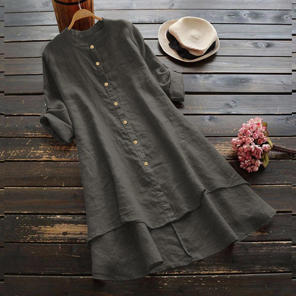 Damen Frühling Uni Baumwolle Leinen Hemdkleid Damen Lockeres Hemd Lange Oberteile Bluse Übergröße Kleidung Kleidung XXXL grau