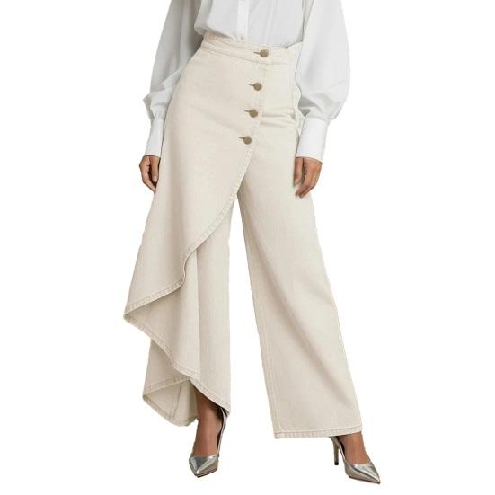 Fließende Jeans für Damen High Waist Asymmetrische Wickel-Denim-Hose Knopfleiste Weiter Bein Splicing Sommer Rüschenjeans L weiß