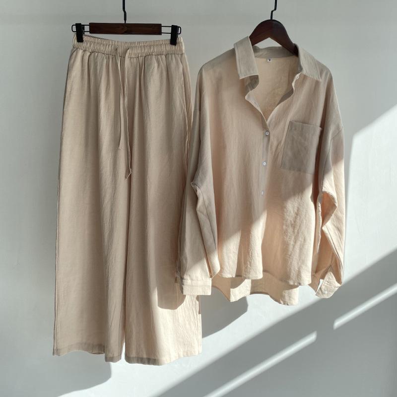 Damen zweiteiliger Anzug Retro Plus Size Baumwolle Leinen Hemd Anzug Hohe Taille Lose Hosen für Frauen L mandel