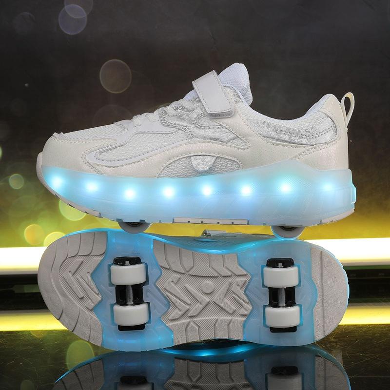 Neue Ausreißer-Schuhe Vierrad-Rollschuhe Jungen Kinderschuhe mit Rädern Mädchen Schlittschuhe 31 white