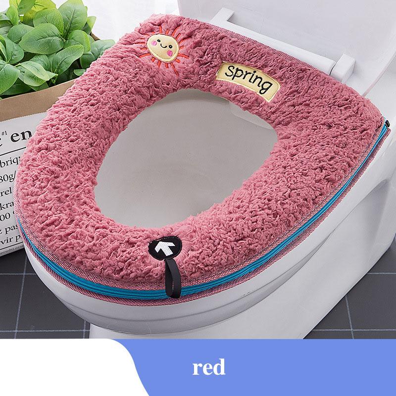 Universeller Toilettensitzbezug, rundes Toilettensitzkissen, Badezimmer, samtig, Toilettensitzbezug, Kissen, dick, warm, waschbar, Reißverschluss, süße Sonne, Toilettensitz-Waschmaschine rot
