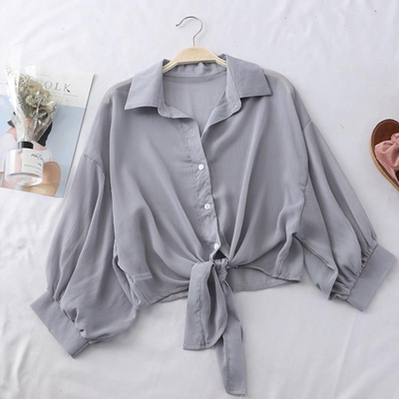 2024 Halbarm-Chiffon-Hemd mit Knöpfen, lockere lässige Bluse für Damen, einfache Sommerhemden mit gebundener Taille, elegante Blusen für Damen 97761 XXL graue