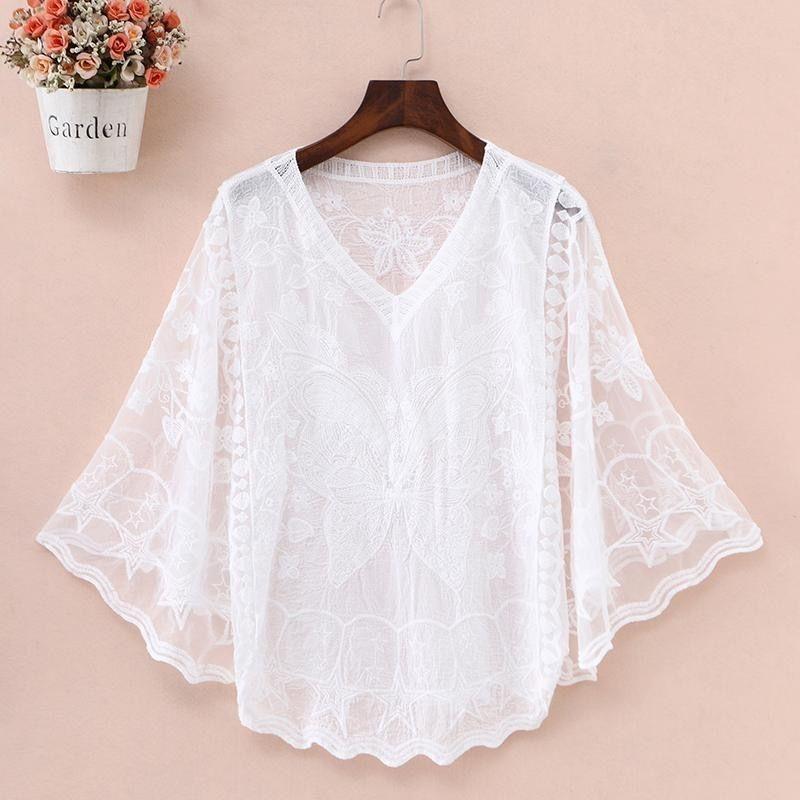 Besticktes Spitzen-Oversize-T-Shirt mit Glockenärmeln, Sonnenschutzkleidung, Bluse für Damen, Fledermausärmel-Bluse, Sommer One size weiß