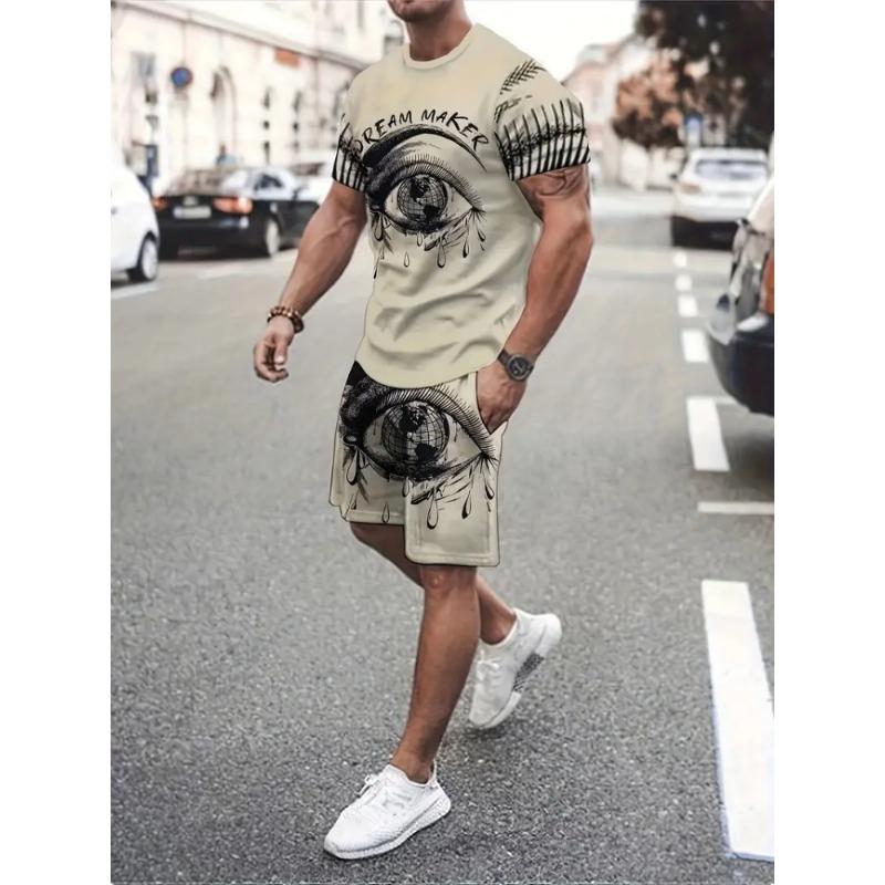 Einfacher Marmor-3D-Druck, lässiges Sommer-Oberteil und Shorts mit Rundhalsausschnitt für Herren, urbane Street-Fashion, Herrenanzug, alltäglicher, lässiger Komfort M