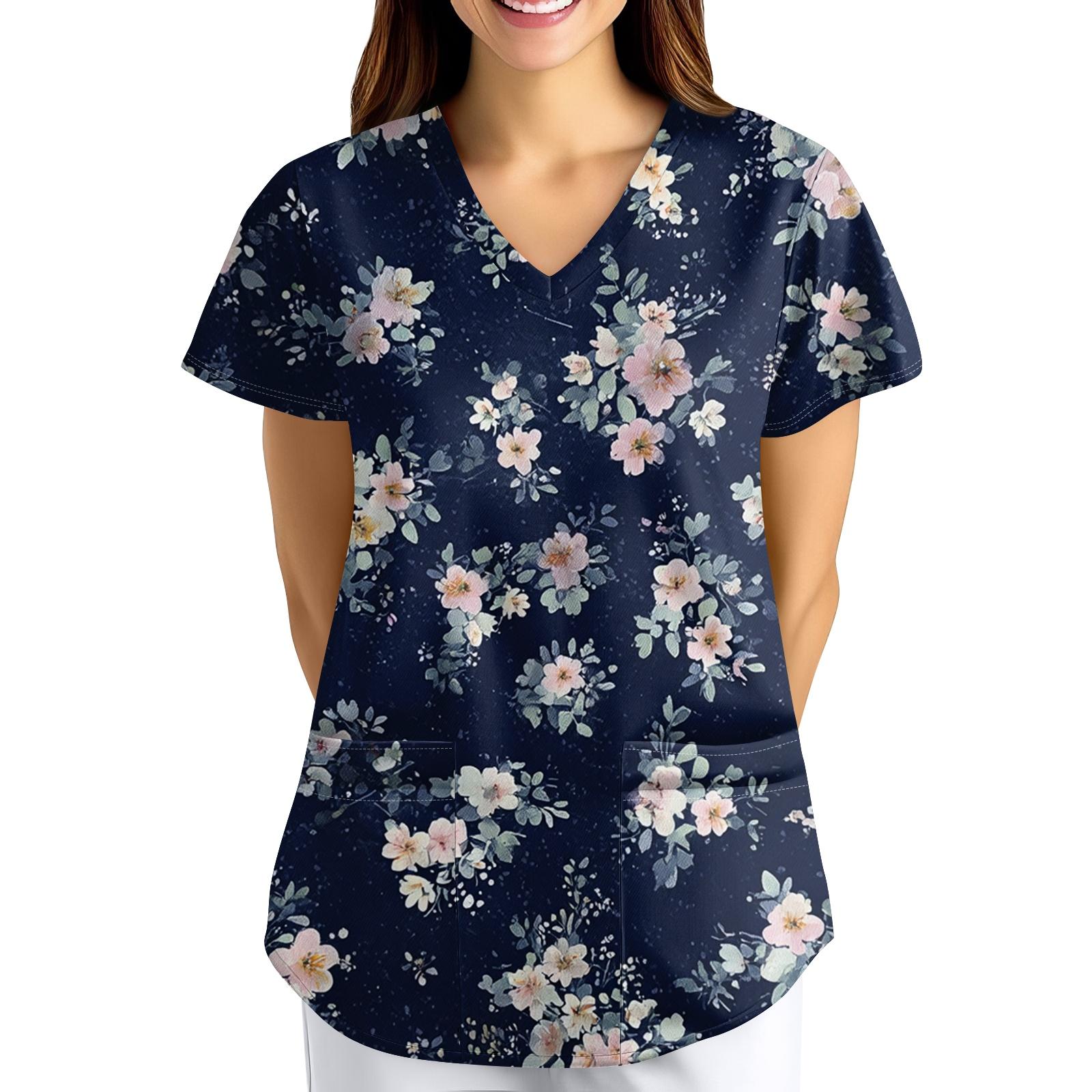 ÜbergrößeBedruckte Kasack Arbeitsuniform Oberteile für Damen V-Ausschnitt mit Überkreuzung Print Kurzarm Lustige T-Shirts Arbeitskleidung T-Shirt mit Taschen XXL dunkelblau