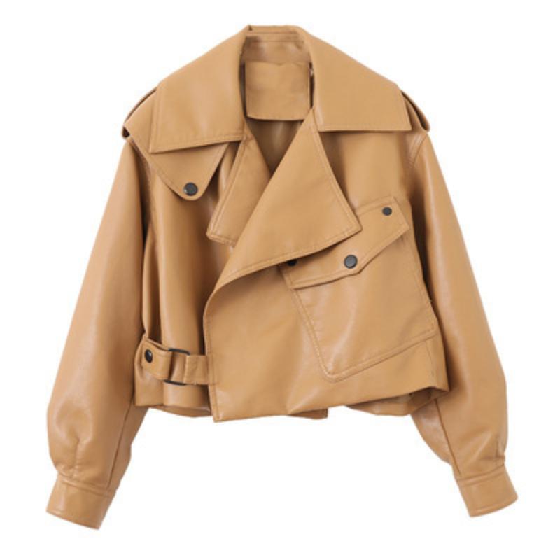 Herbst Frauen Streetwear Schwarz Punk Oberbekleidung Faux Leder Jacke Pu Motorrad Biker Roten Mantel Turndown Kragen Lose Frauen Faux Leder Jacke XS khaki