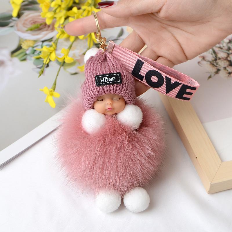Pompom Schlafender Baby-Schlüsselanhänger, süße, flauschige Plüschpuppe, Schlüsselanhänger für Frauen und Mädchen, Taschen, Schlüsselanhänger, Autos, Schlüsselanhänger, Geschenk, charmante Dekoration
