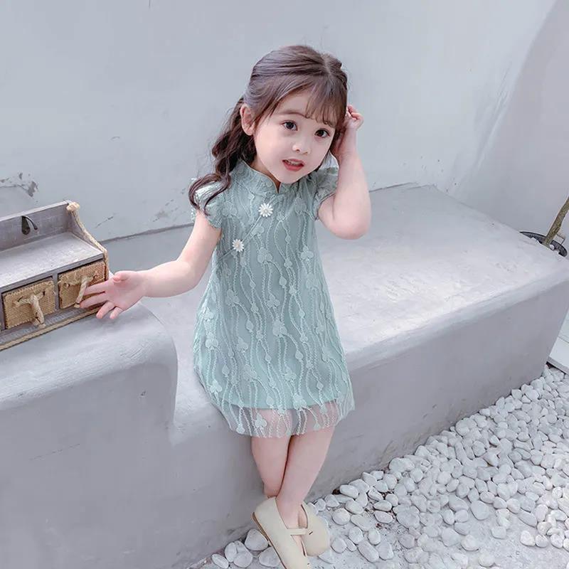 Mädchen Sommer ärmelloses Kleid Hanfu Prinzessin Kleid Guzheng Spitzenrock chinesischen Stil Baby Kostüm süßes Kleid 90