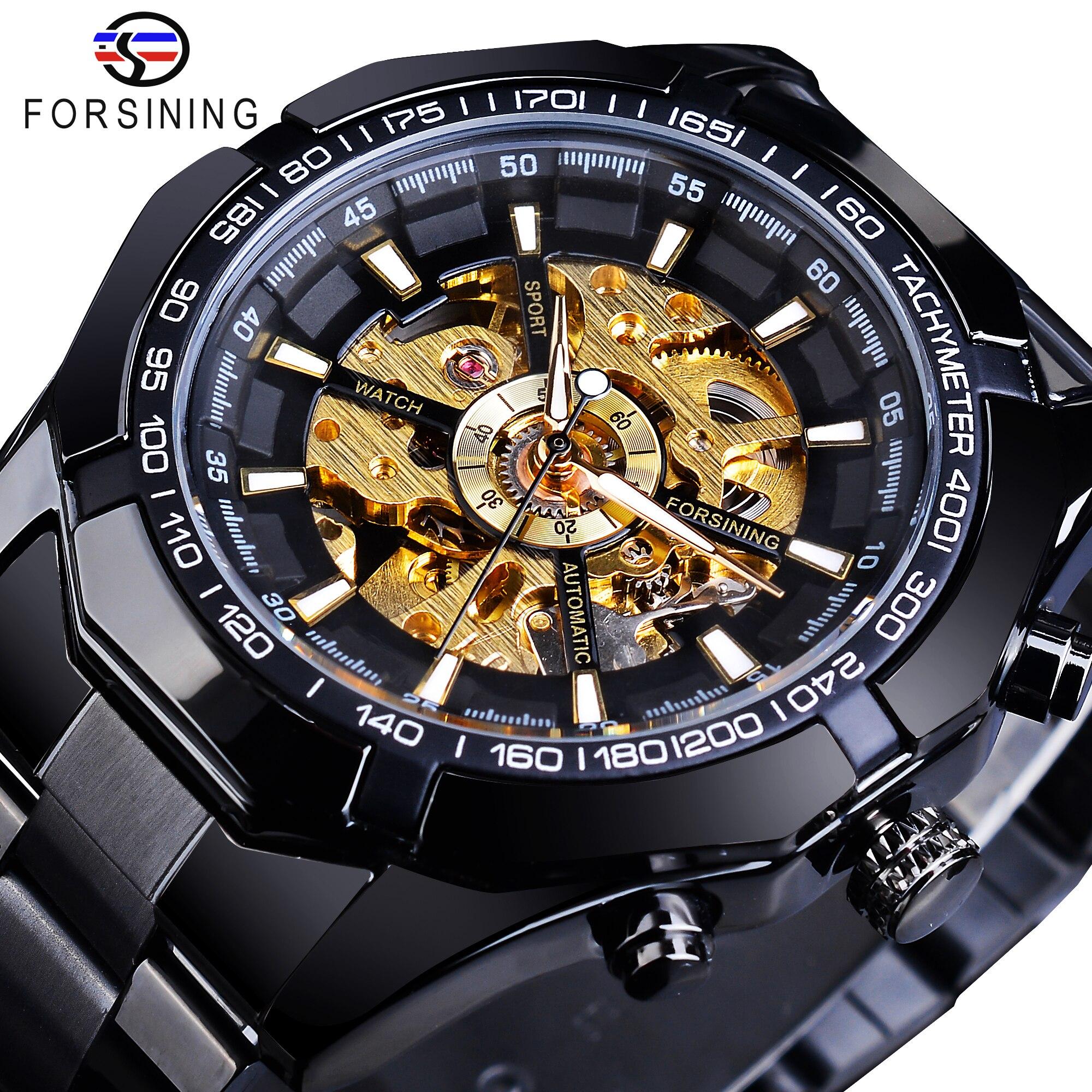 Forsining Edelstahl Wasserdicht Herren Skeleton Uhren Top Marke Luxus Transparente Mechanische Sport Männliche Armbanduhren gold/schwarz