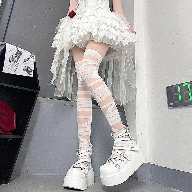 Frauen Bandage Streifen Lange Strümpfe Weibliche Japanische Lolita Jk Y2k Sexy Sommer Kreuz Lange Strümpfe Lange Röhre Weiße Strümpfe One size weiß