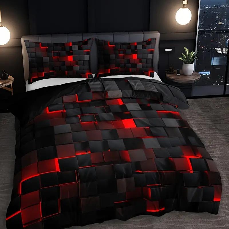 Grid Series Bettwäsche-Set Digitaldruck Weicher Bettbezug für Schlafzimmer Gästezimmer 2-teilig 3-teiliges Bettdecken-Set 135 x 200cm rot