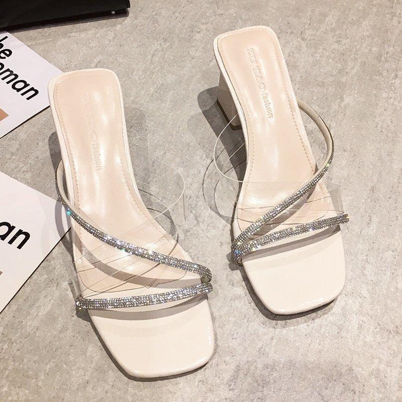 Damen Hausschuhe Sommer Dicker Absatz Einfache Mode Transparente Sandalen und Hausschuhe Tragen Quadratischen Kopf Halb Hausschuhe 40 beige