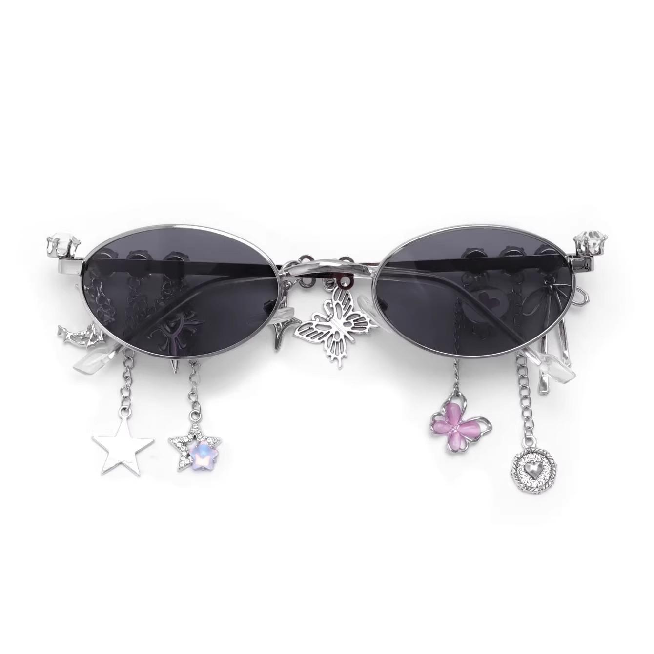 Y2K Lolita Brille Süß Cool Würziges Mädchen Trendiger Star Diamant Kleiner Brillenrahmen Rahmen Elliptische Brille COS Brillen Cosplay Zubehör black