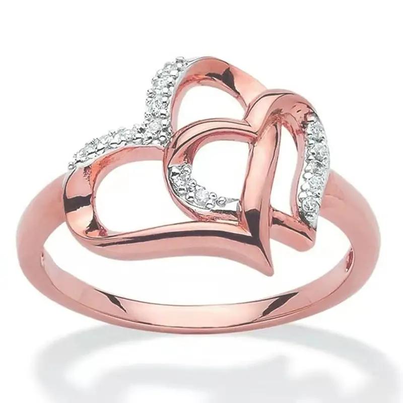 1pc Doppel Herz Hohl Liebe Vorschlag Künstliche Diamant Ring Für Männer Und Frauen Paar Ring Schmuck Geschenk 5 rose gold
