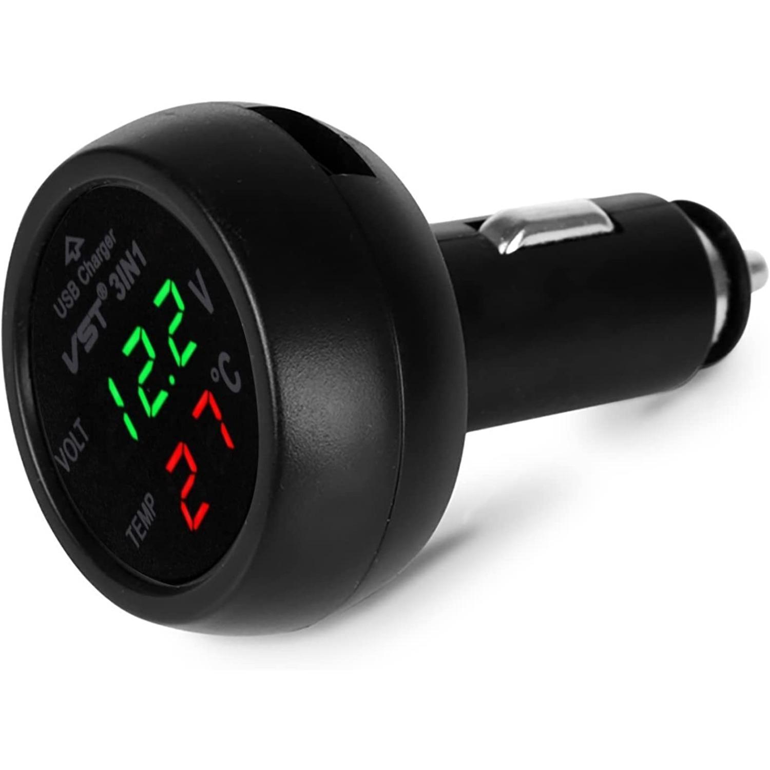 Auto-Zigarettenanzünder-Steckdose, Auto-Voltmeter, 3-in-1, 12-24 V, Voltmeter, Thermometer, USB-Autoladegerät für Auto, LKW 7.5*4.8*4.8cm grün/rot