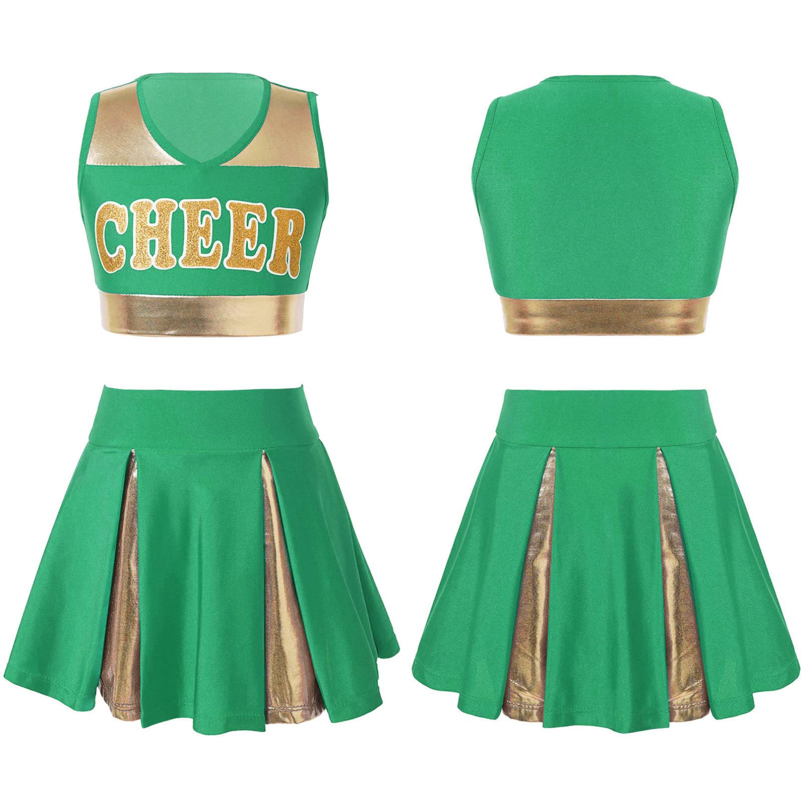Kinder Mädchen Cheerleading Tanzkleidung Set Ärmelloses Crop Top mit Buchstabenaufdruck und Rock Cheer Uniform 5-6 Years grün