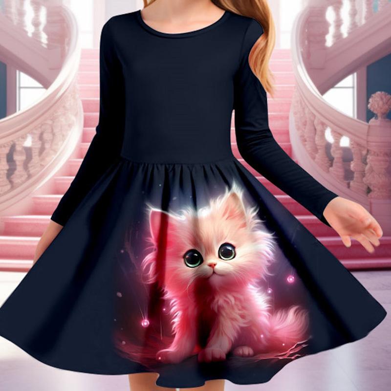 Frühling Mädchen Casual 3D Nette Katze Drucken Rundhals Langarm Kleid Kind Prinzessin Kleid 90 schwarz