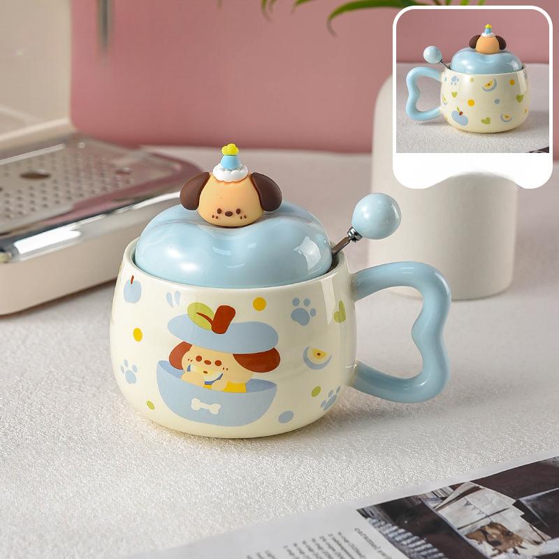 Welpen Hasen Paar Tasse mit Deckel und Löffel für Damen Hochwertige Frühstückstasse zum Aufbrühen Haferflockentasse Keramik Niedlich 400ml