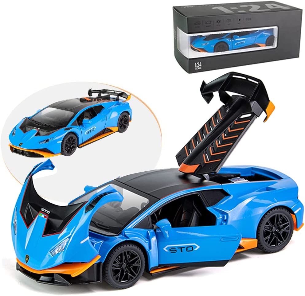 1:Legierungsdruckguss-Automodell im Maßstab 24 für Lambo Huracan STO 2021, zurückziehbare Fahrzeuge, Modellautos, Spielzeug mit Licht und Sound für Kinder und Erwachsene 1/24-21x8.5x5.5cm orange/blau