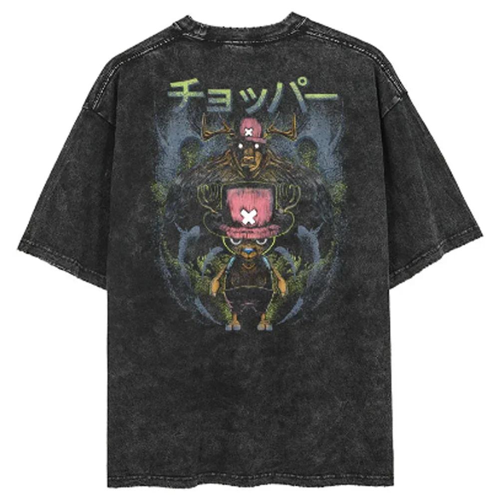 Lässiges gewaschenes Harajuku Herren T-Shirt Baumwolle gewaschen Japanischer Anime One Piece Grafik Locker Streetwear Schwarze Oberteile T-Shirts M gray
